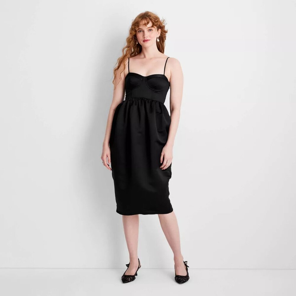NWT Women's Holiday Sweetheart Bubble Satin Midi Dress - Future Collective BLACK